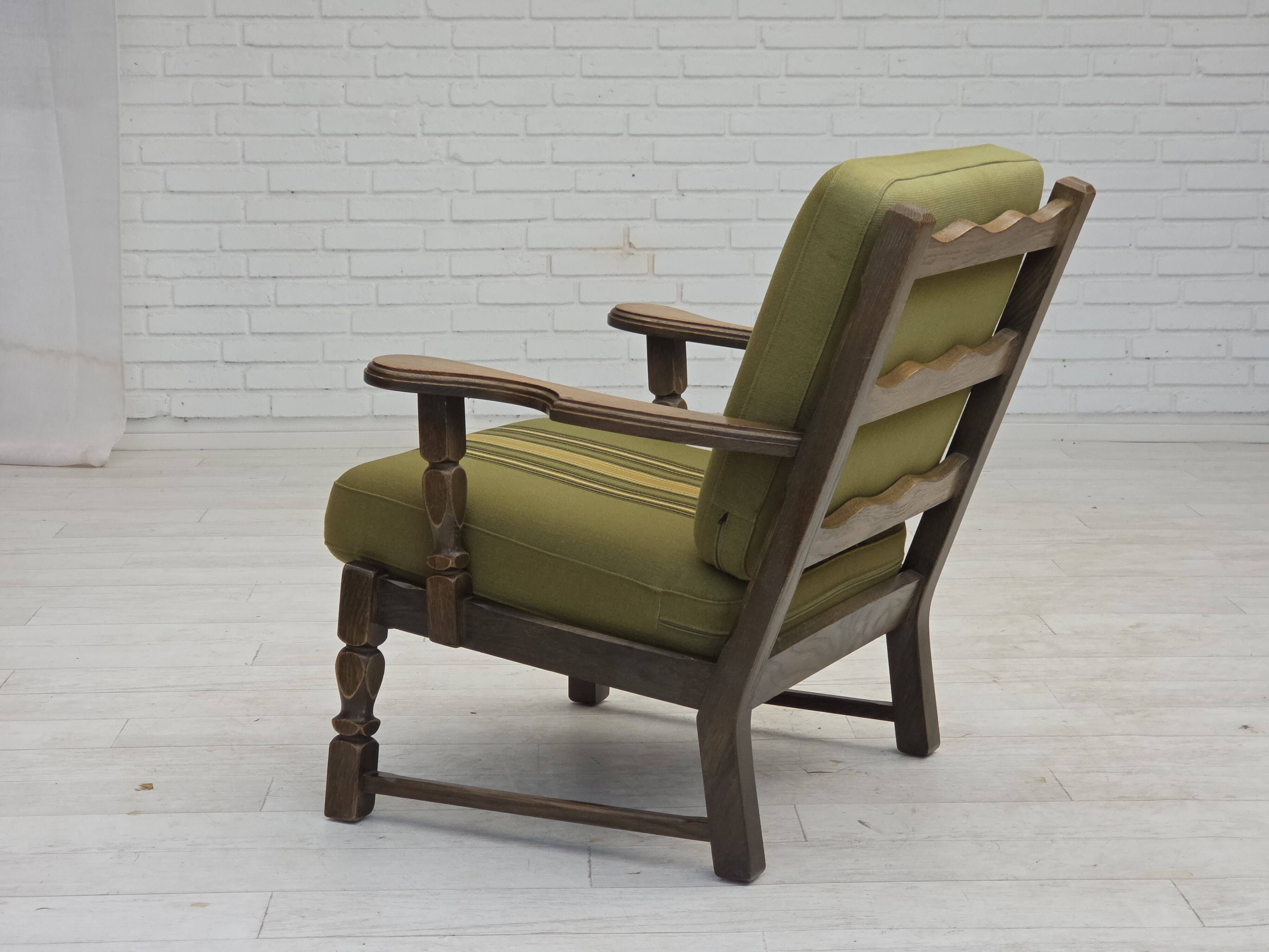 1970s, pair of Danish armchairs, original green furniture wool, oak wood.