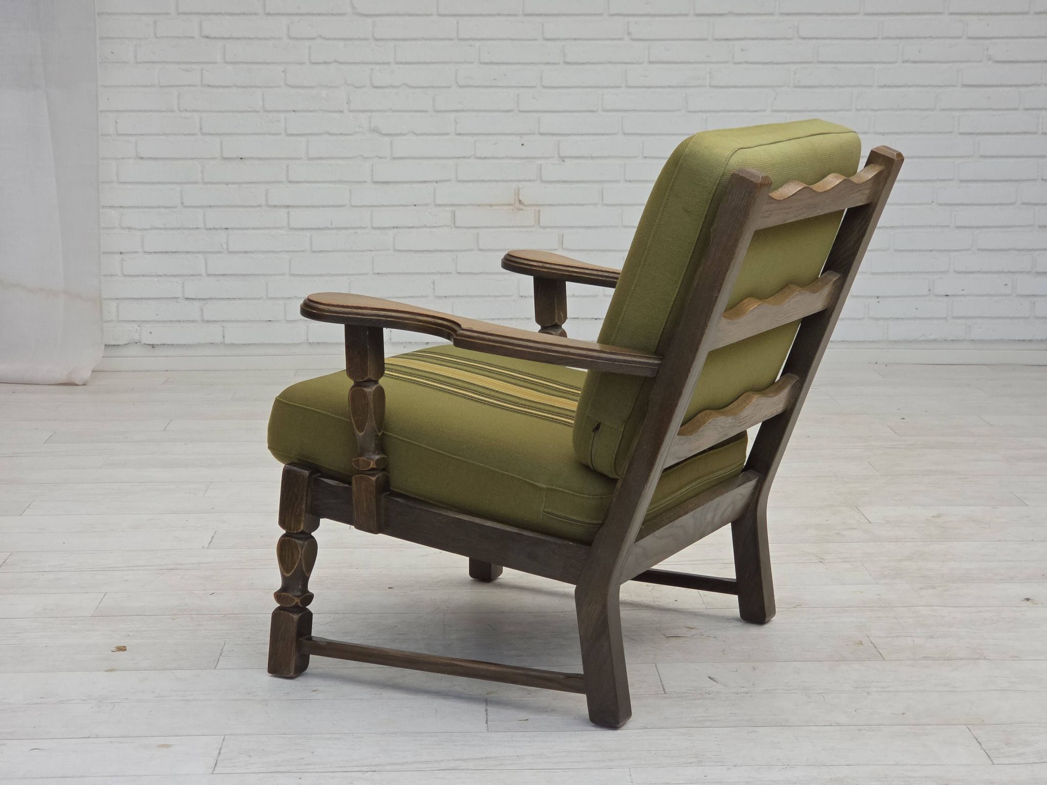 1970s, pair of Danish armchairs, original green furniture wool, oak wood.