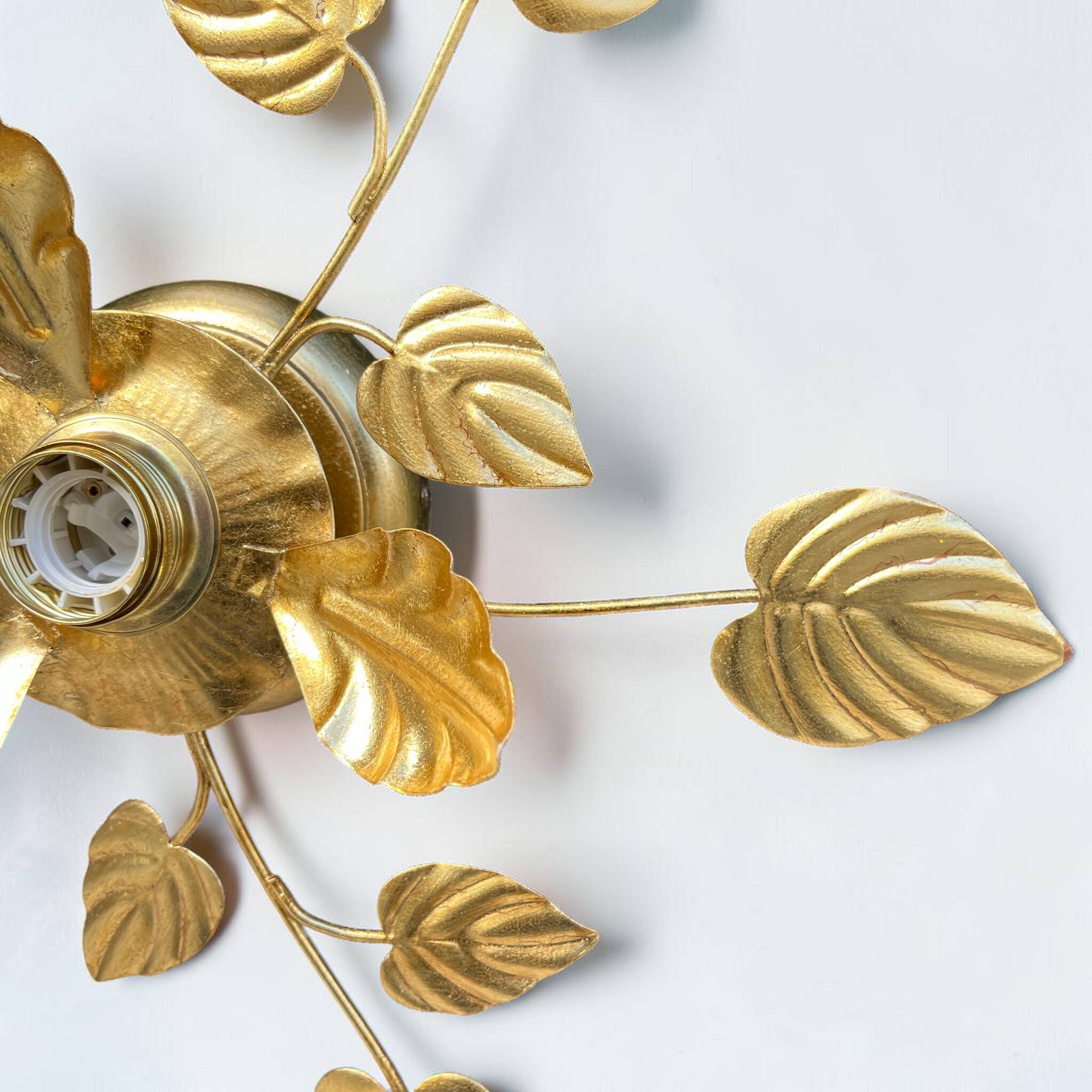Vintage 1970s - 80s gold leaf metal flower wall light