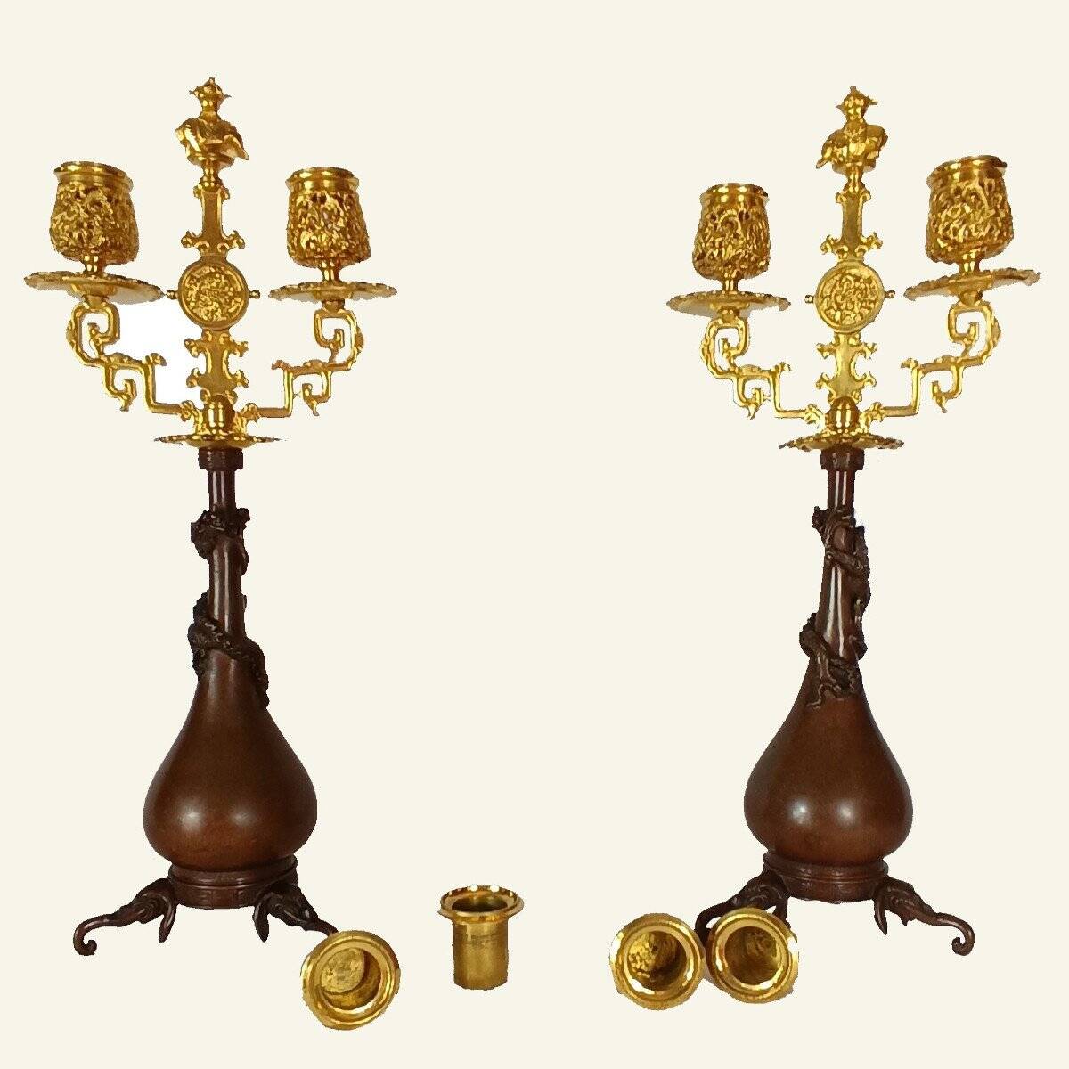 Pair of Japanese-style Candelabra by Ferdinand Barbedienne and Edouard Lievre.