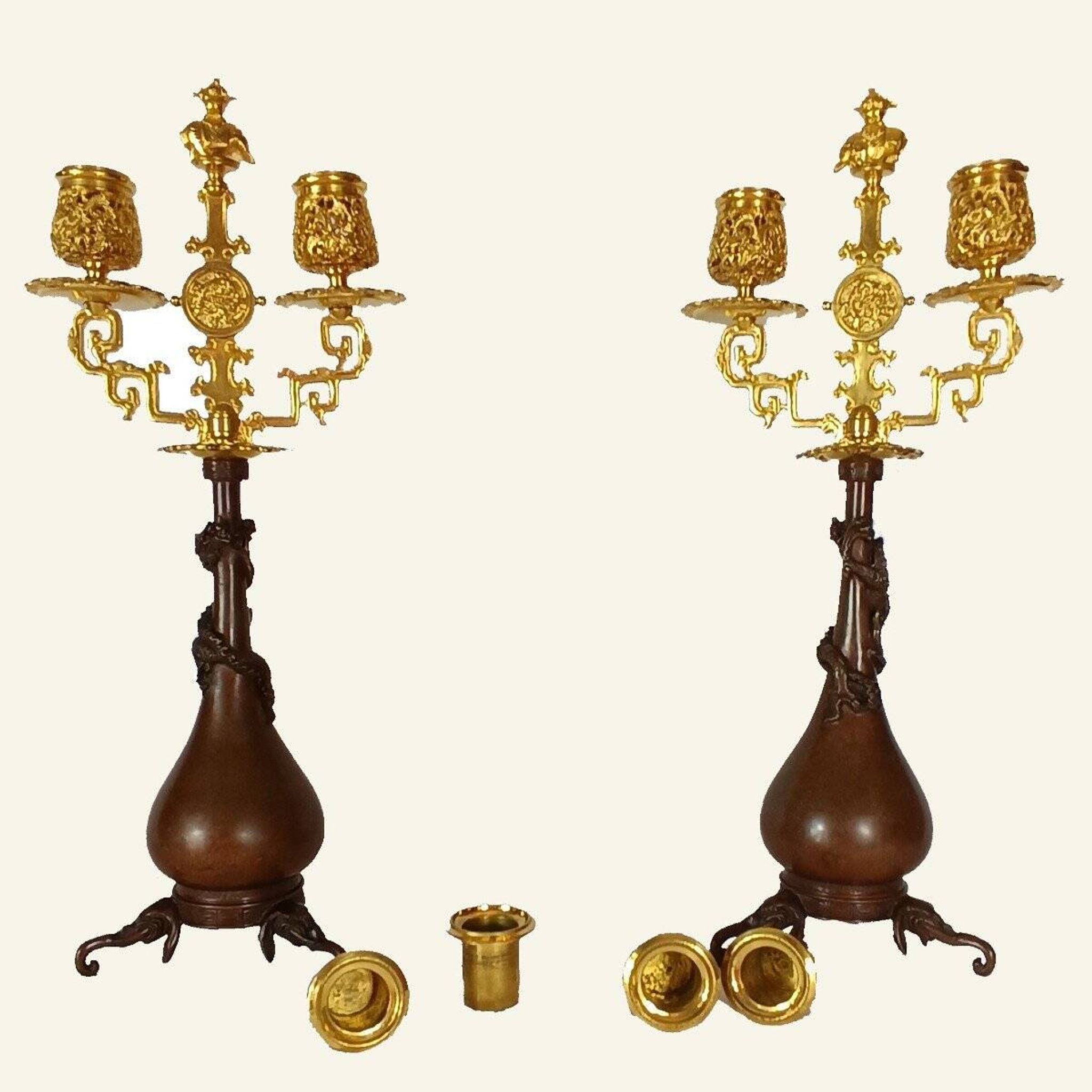 Pair of Japanese-style Candelabra by Ferdinand Barbedienne and Edouard Lievre.