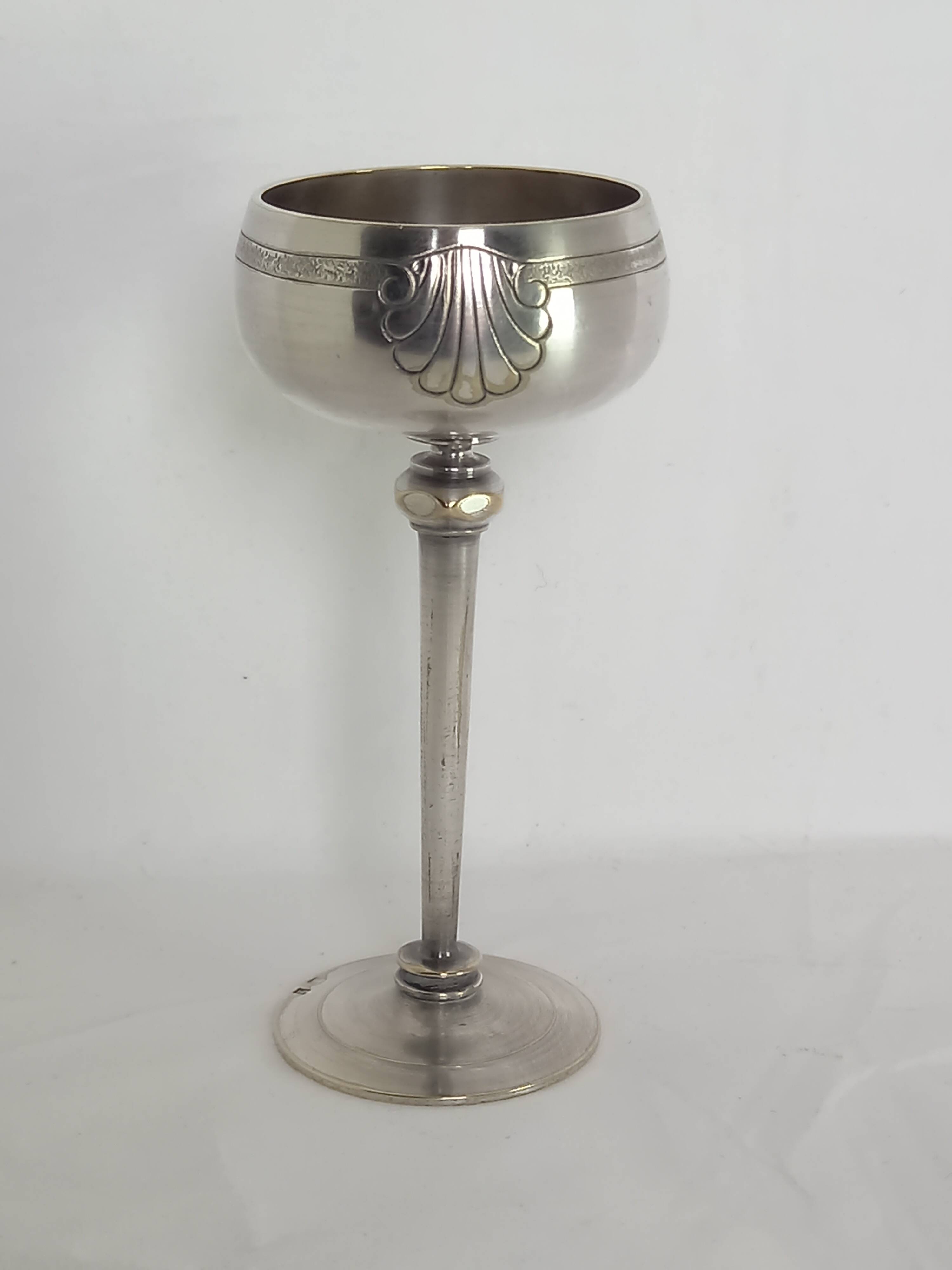 Silver Metal Liquor Set Consisting Of Six Stemmed Glasses On Their Tray