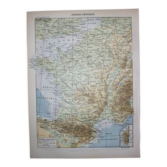 Engraving • Map of France, geography • Original lithograph from 1898