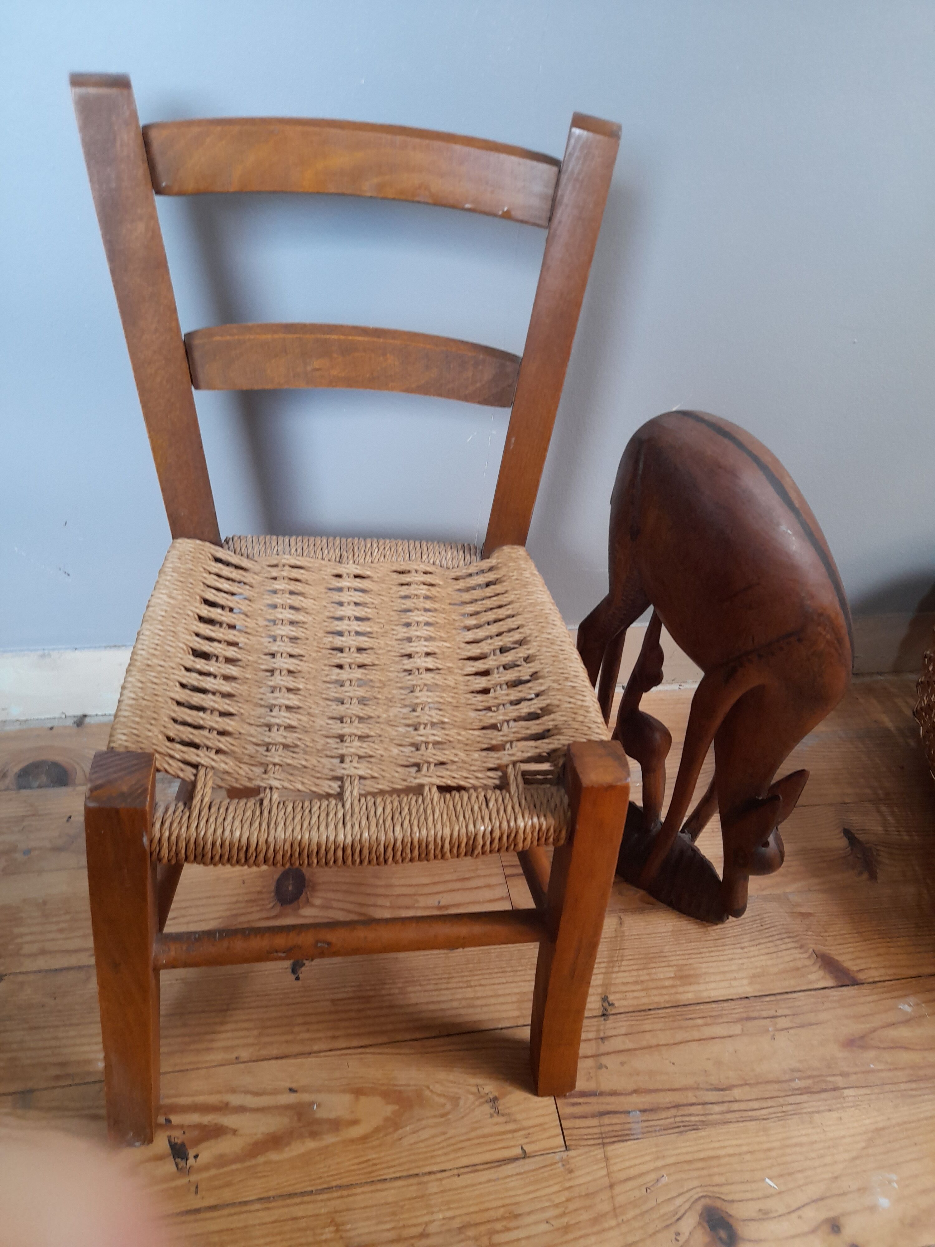 Wooden children's chair, rope seat, circa 1950