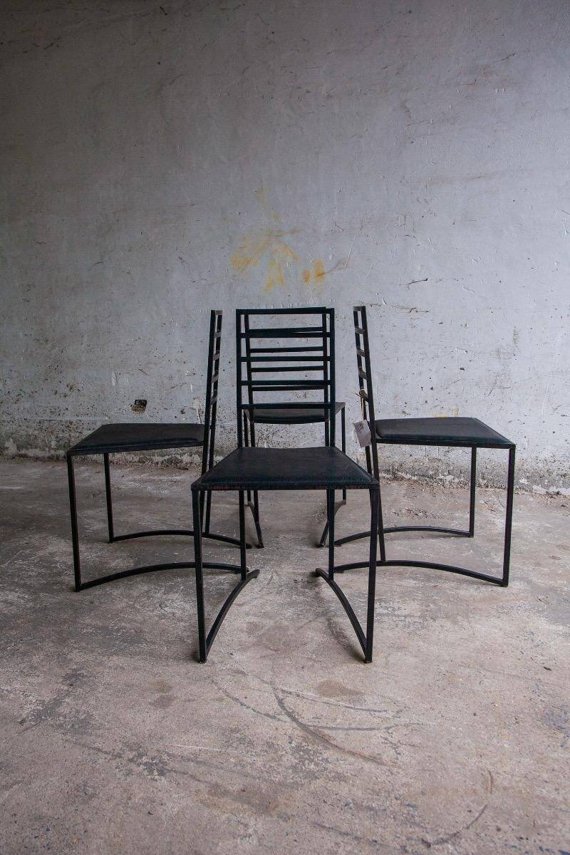 Set of 4 Black Steel Dining Chairs with Black Faux-Leather Seats — Minimalist Geometric Design