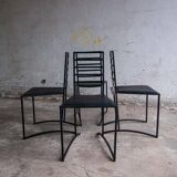 Set of 4 Black Steel Dining Chairs with Black Faux-Leather Seats — Minimalist Geometric Design
