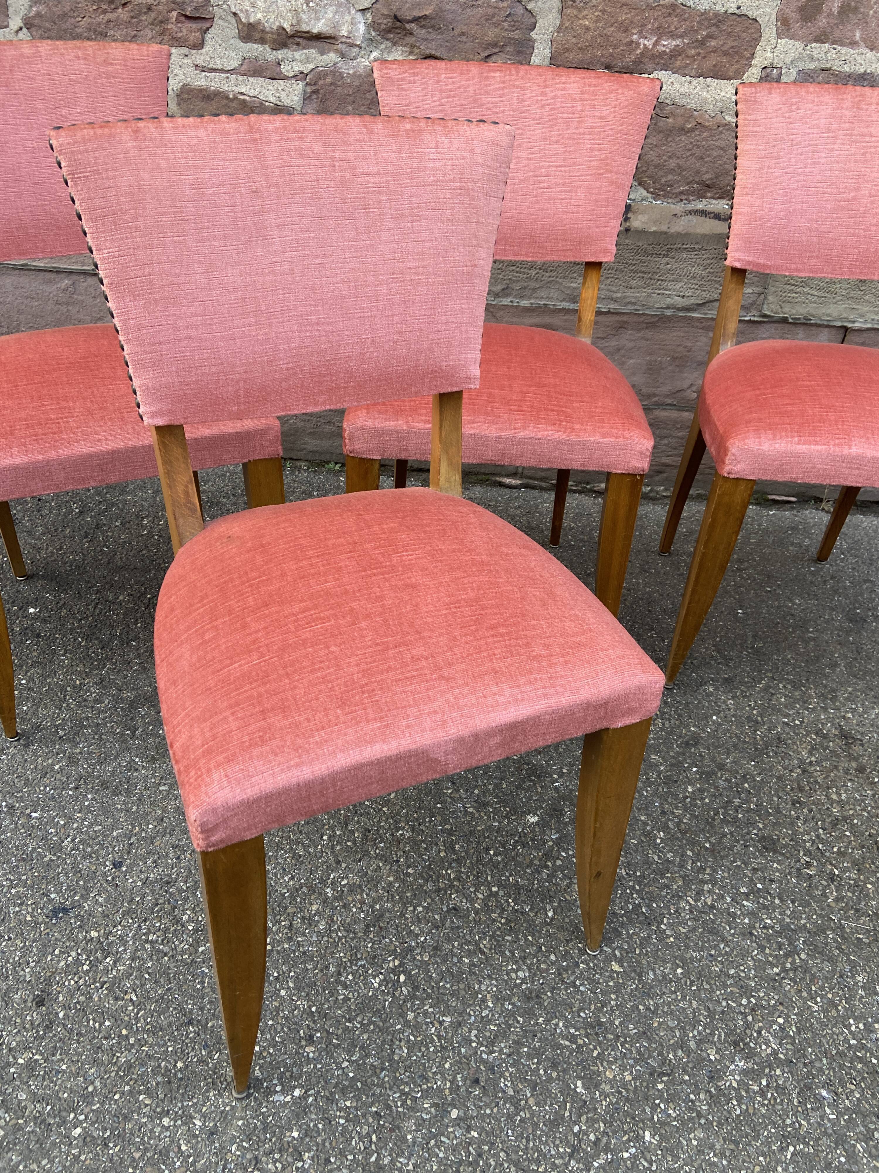 Suite of 6 art deco chairs 1950 walnut & pink velvet