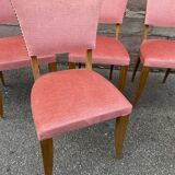 Suite of 6 art deco chairs 1950 walnut & pink velvet