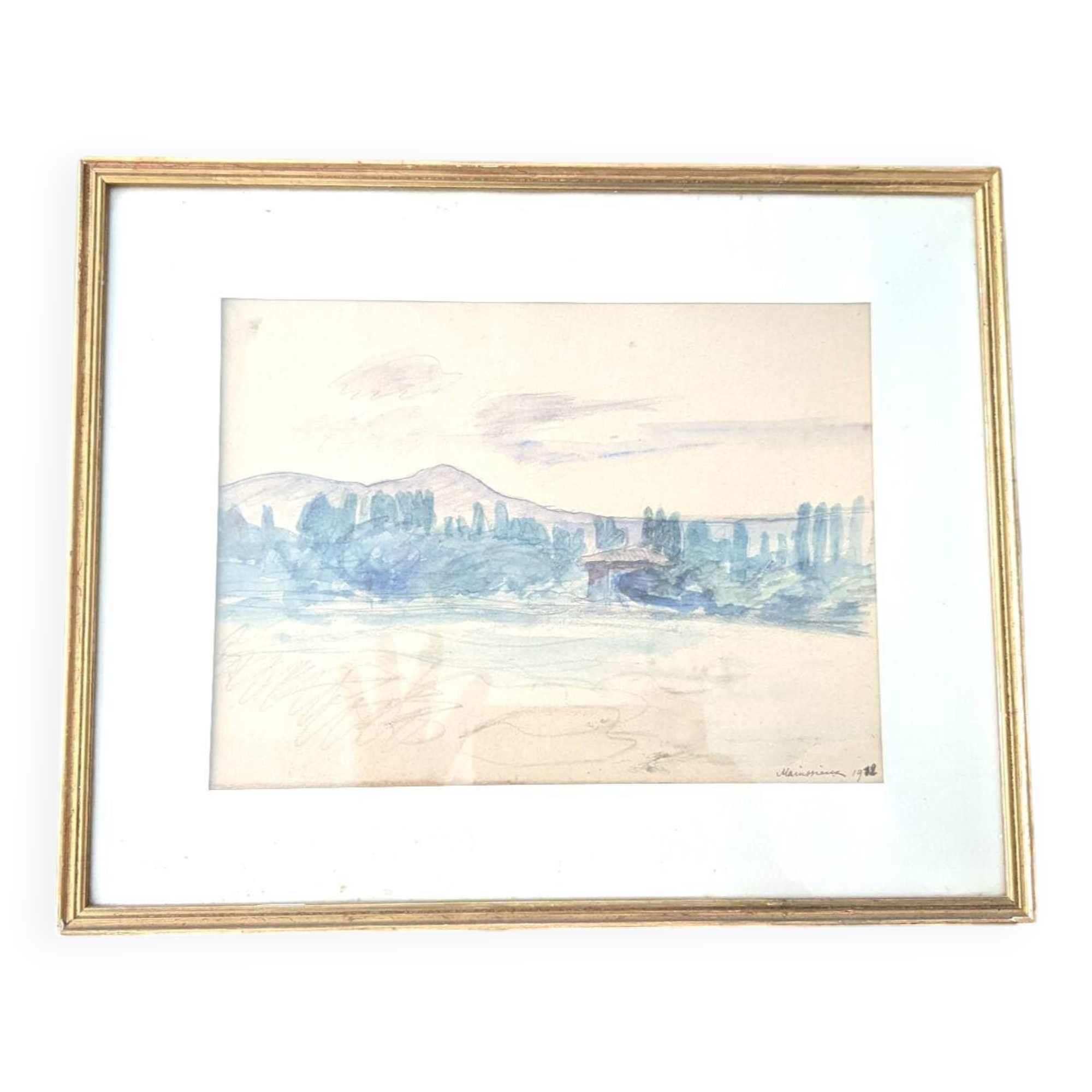 Watercolor landscape Voirons by Lucien Mainssieux 1932 framed in gold frame