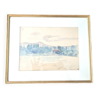 Watercolor landscape Voirons by Lucien Mainssieux 1932 framed in gold frame