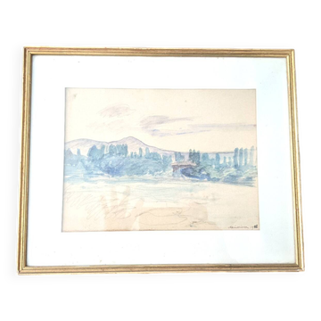 Watercolor landscape Voirons by Lucien Mainssieux 1932 framed in gold frame