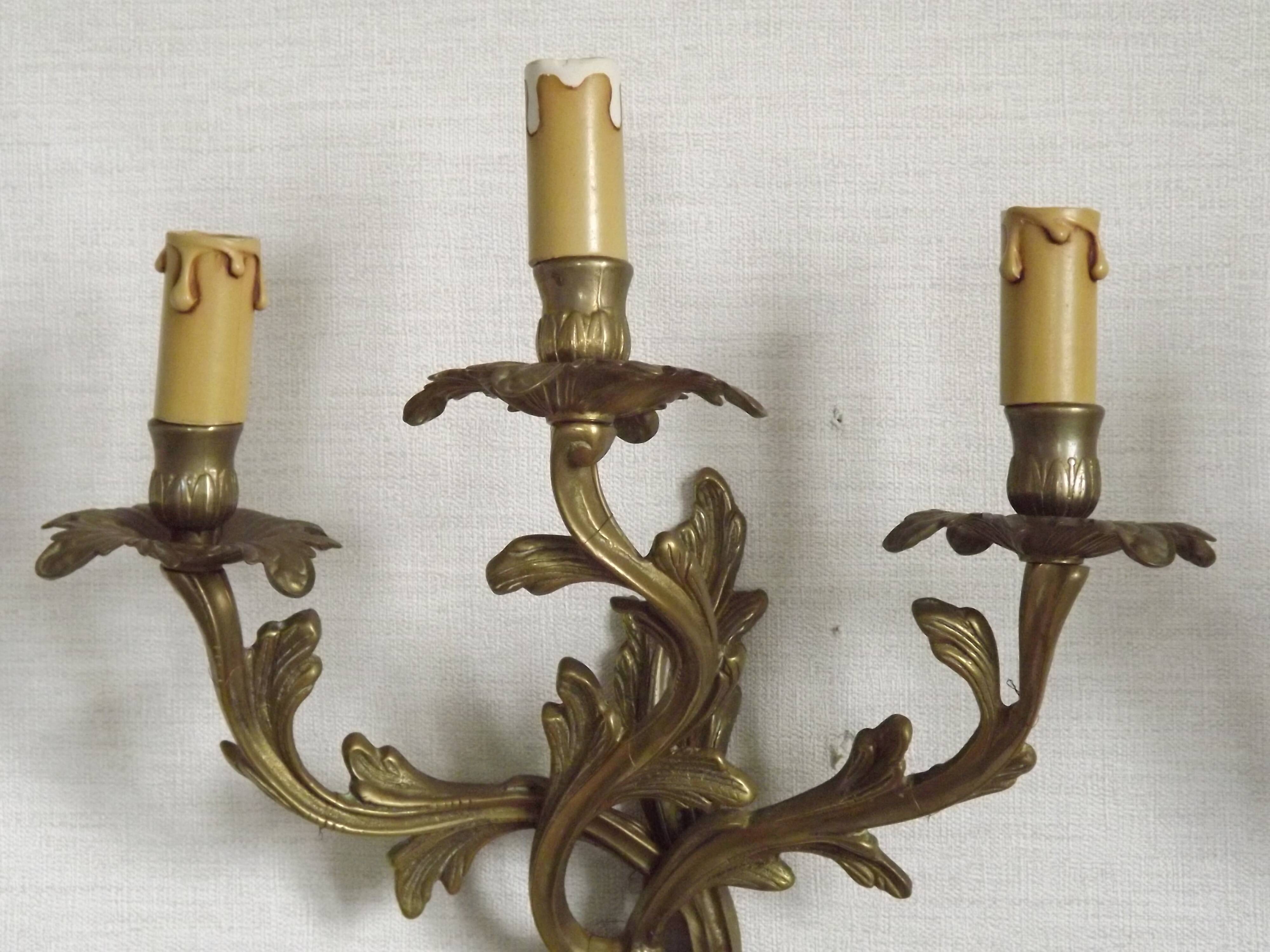 Magnificent Pair of French Antique Bronze Three-Light Acanthus Wall Sconces