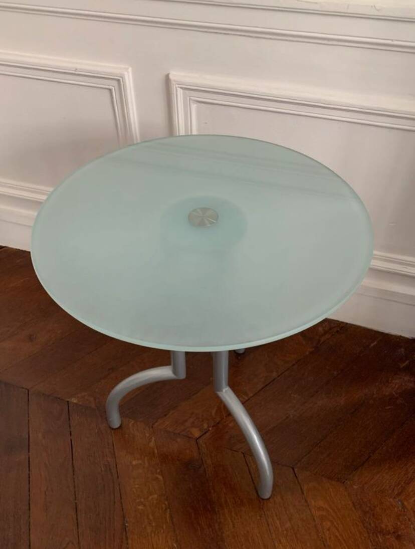 Metal and glass tripod pedestal table