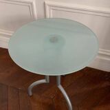 Metal and glass tripod pedestal table