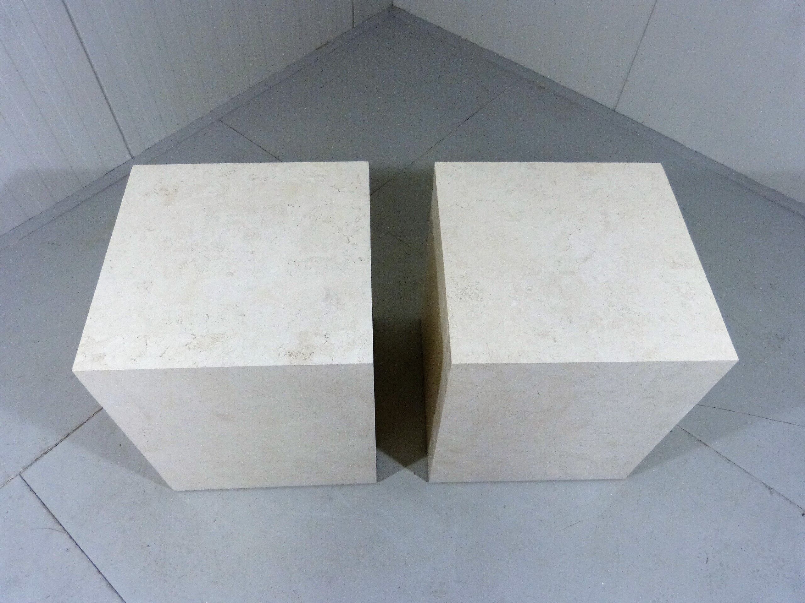 Set of 2 Italian travertine pedestals or side tables 1980’s