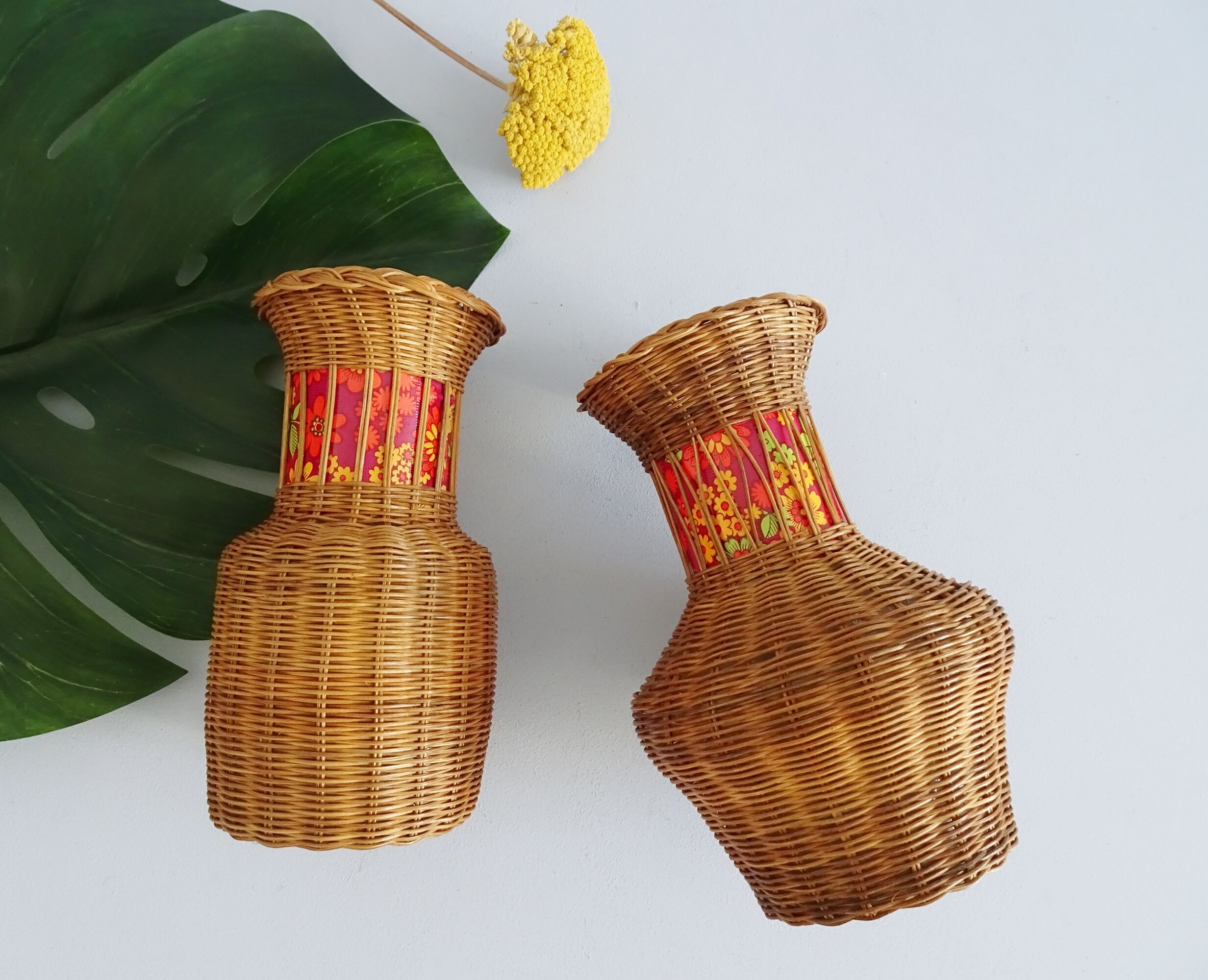 Pair of rattan vases, braided vase 1960