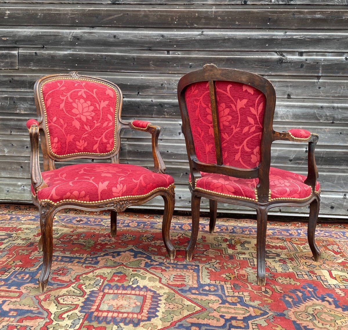 Pair of armchairs in natural wood style Louis XV XIXth century