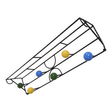 Wall-mounted coat rack in the style of Roger Feraud, steel frame with coloured balls, 1950s.