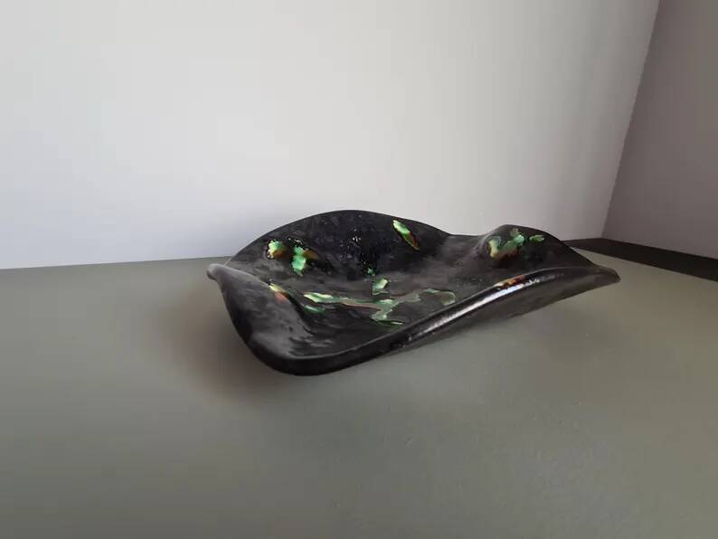 French ceramic bowl, lava glaze, black and green.