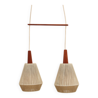 Vintage hanging lamp with two shades and teak, 1960s Sweden