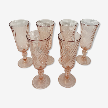 Set of 6 pink glass champagne flutes 1970