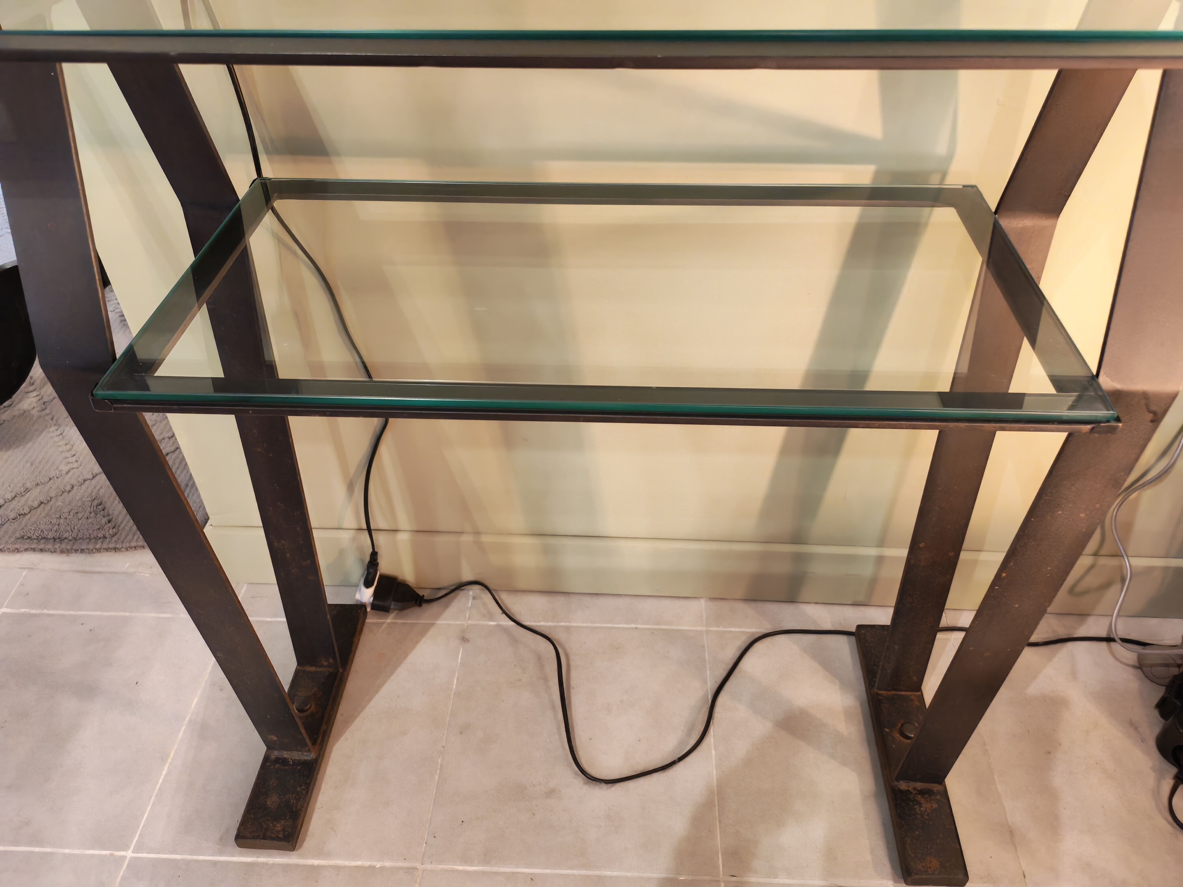 Vintage metal and glass console