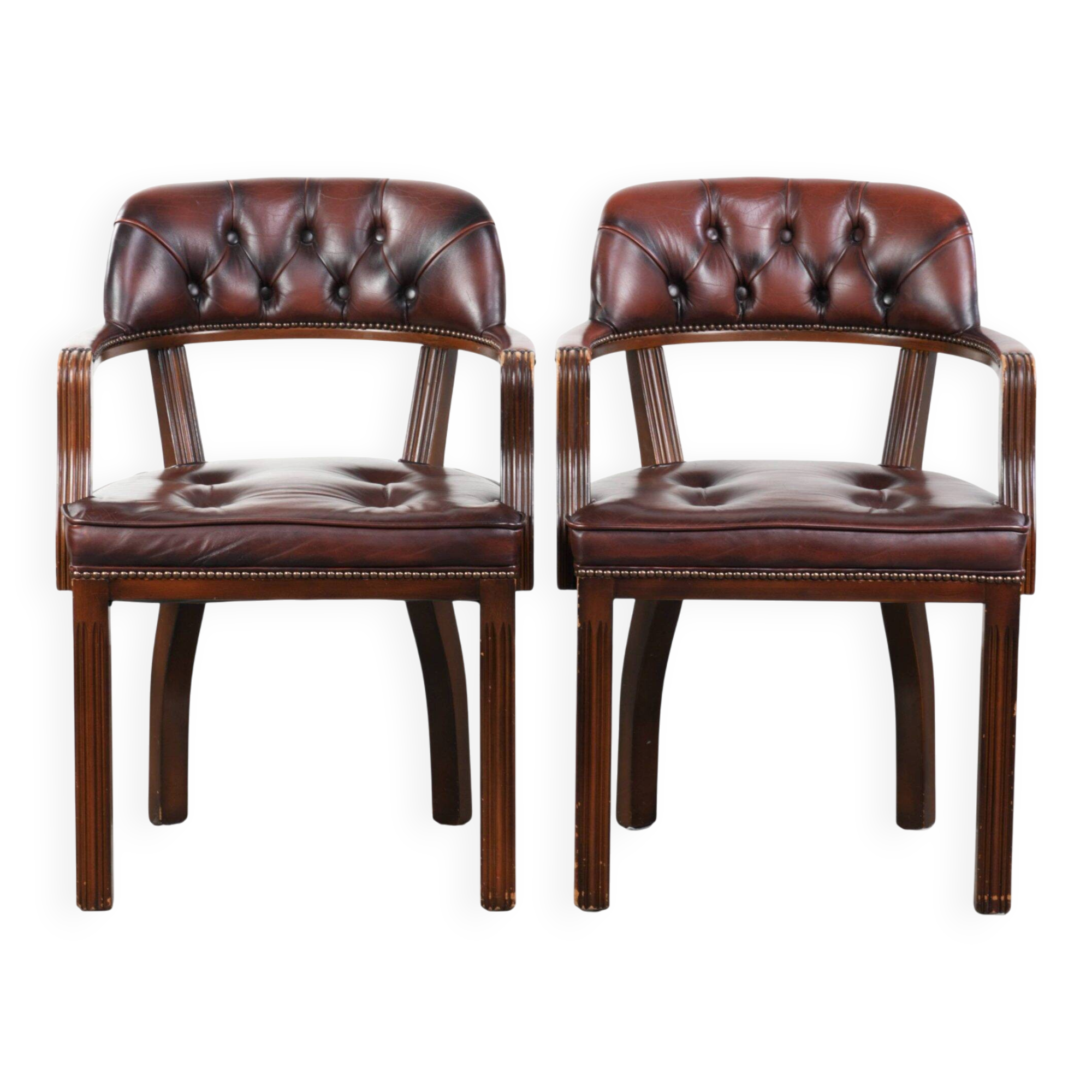 Set of two brown cowhide leather Chesterfield dining chairs