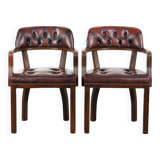 Set of two brown cowhide leather Chesterfield dining chairs