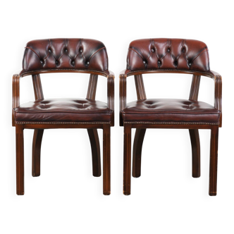 Set of two brown cowhide leather Chesterfield dining chairs