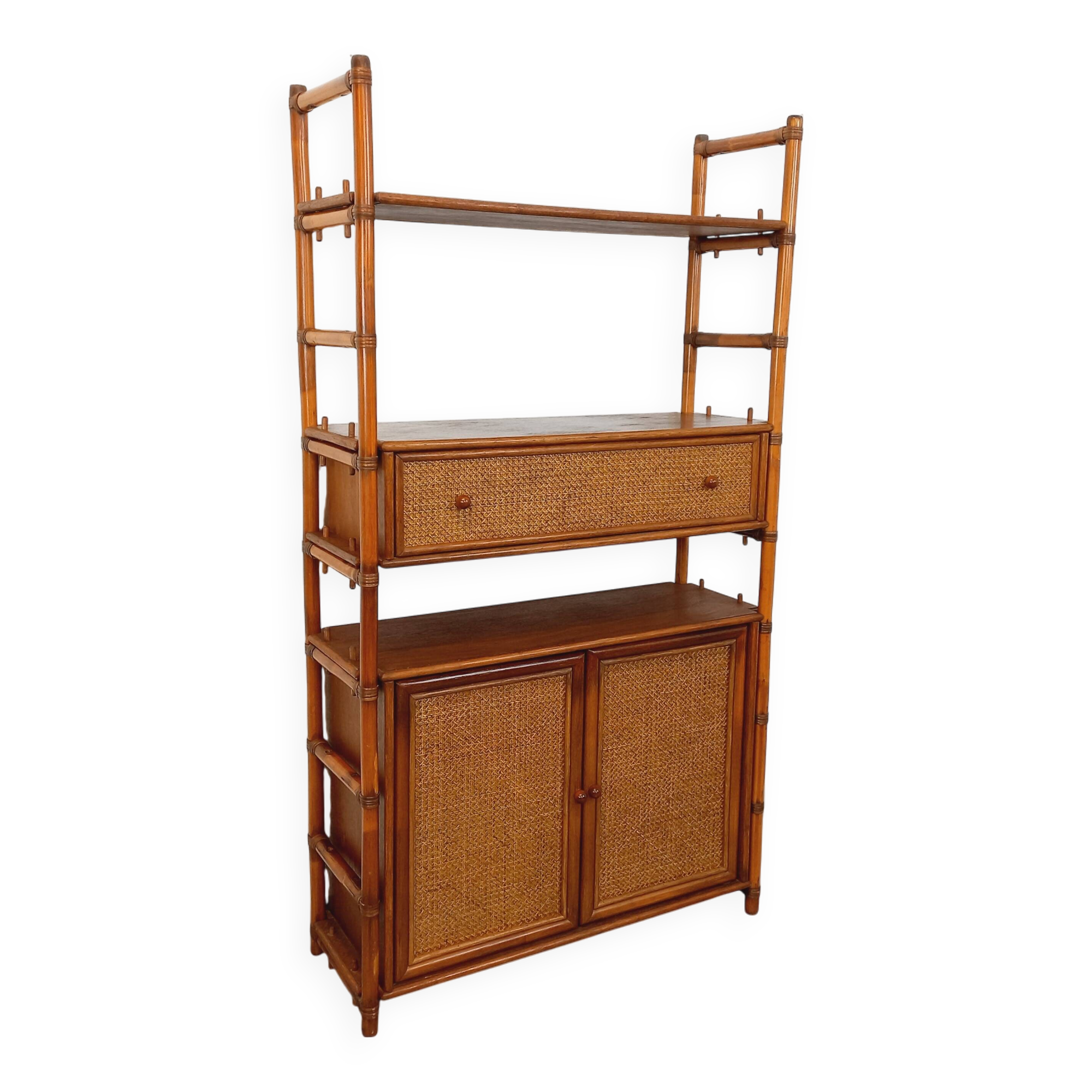 Large vintage rattan, wood and cane bookcase from the 70s