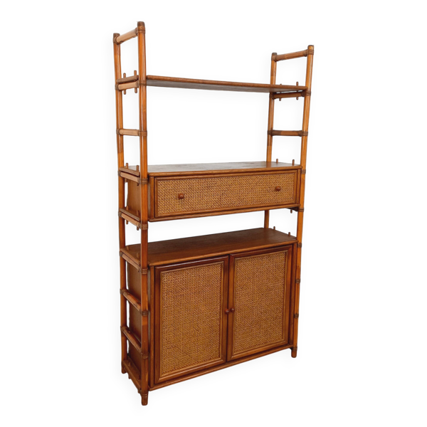 Bibliothèque, étagère en rotin, bois et cannage, années 70