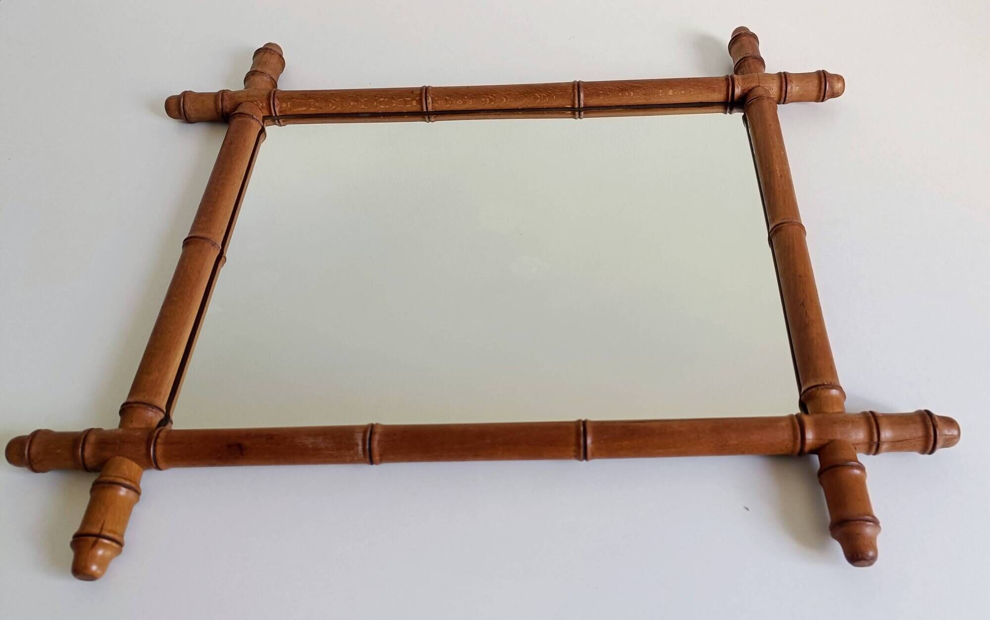 Art Nouveau Faux Bamboo Mirror, 65cm / 25.8", Handmade, Wood, C. 1900