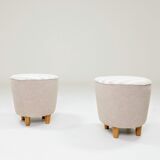 Vintage linen striped beige and white fabric pouf stool set of 2.