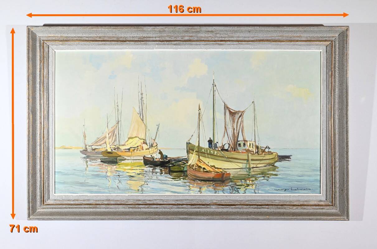 Oil Painting on Hardboard “Trawler and Tuna Boats”, signed G.Lhermitte – Mid 20th century