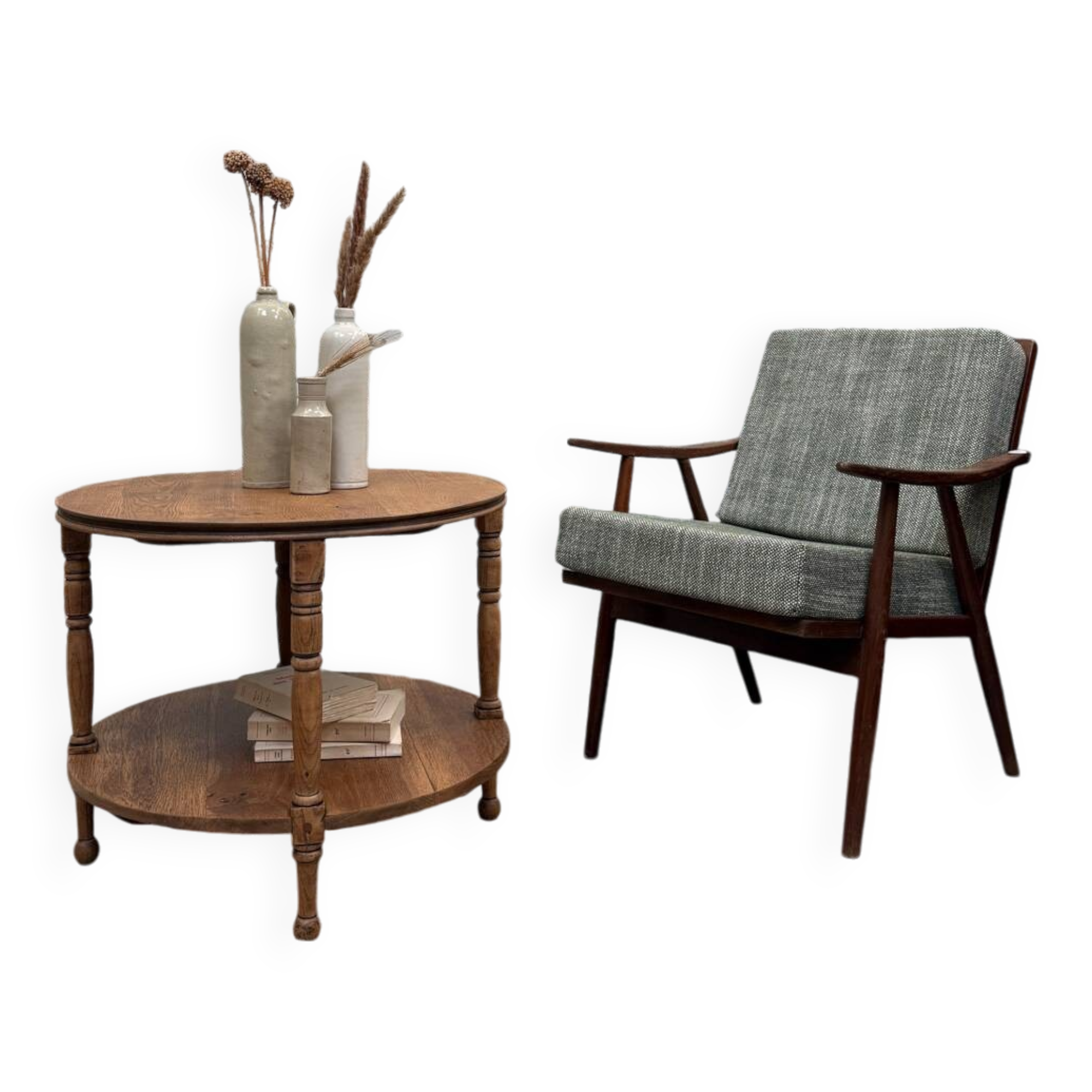 Table basse ronde en chêne rénovée