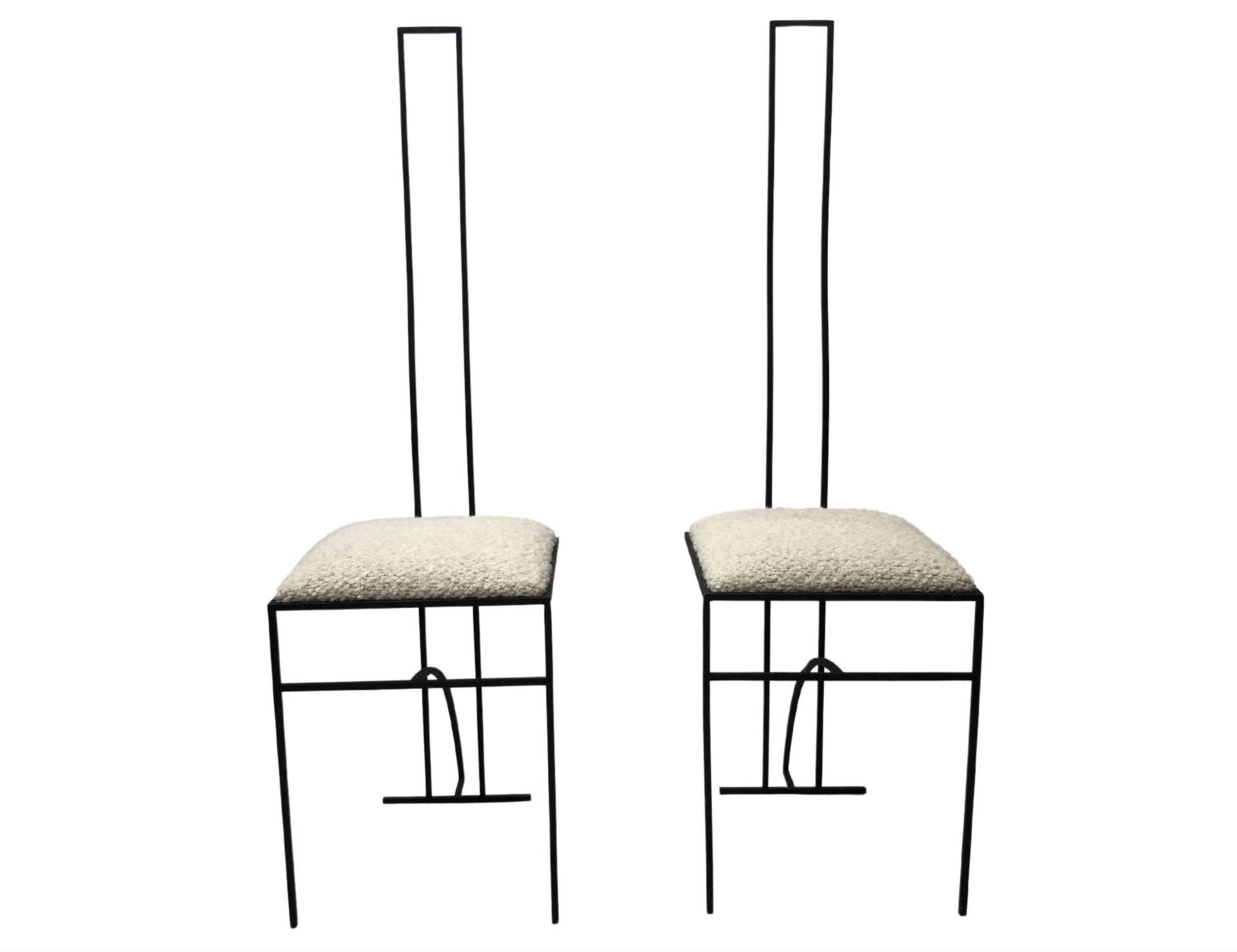 Pair of Postmodern High Back Black Metal Side Chairs in Boucle 1980s Vintage 70s