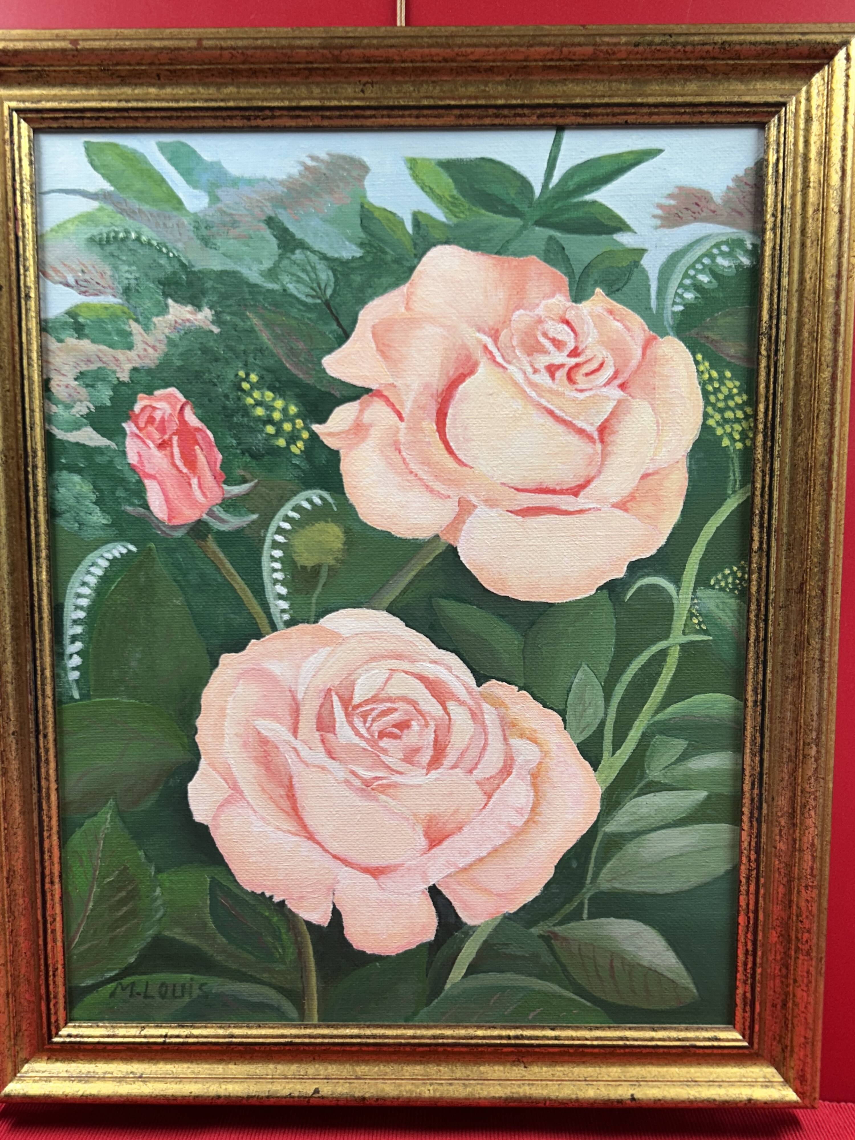 Oil on canvas, Kitsch - Roses lush greenery - Signed M. Louis