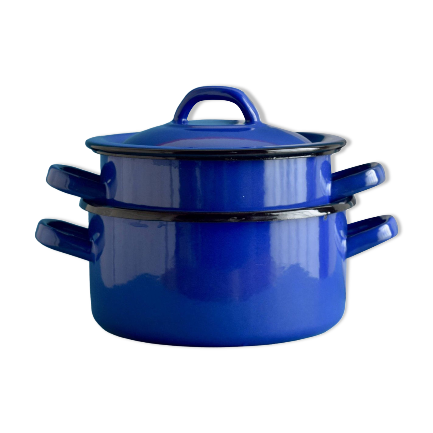 Paire de petites casseroles vintage en tôle émaillée bleues
