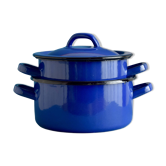 Paire de petites casseroles vintage en tôle émaillée bleues