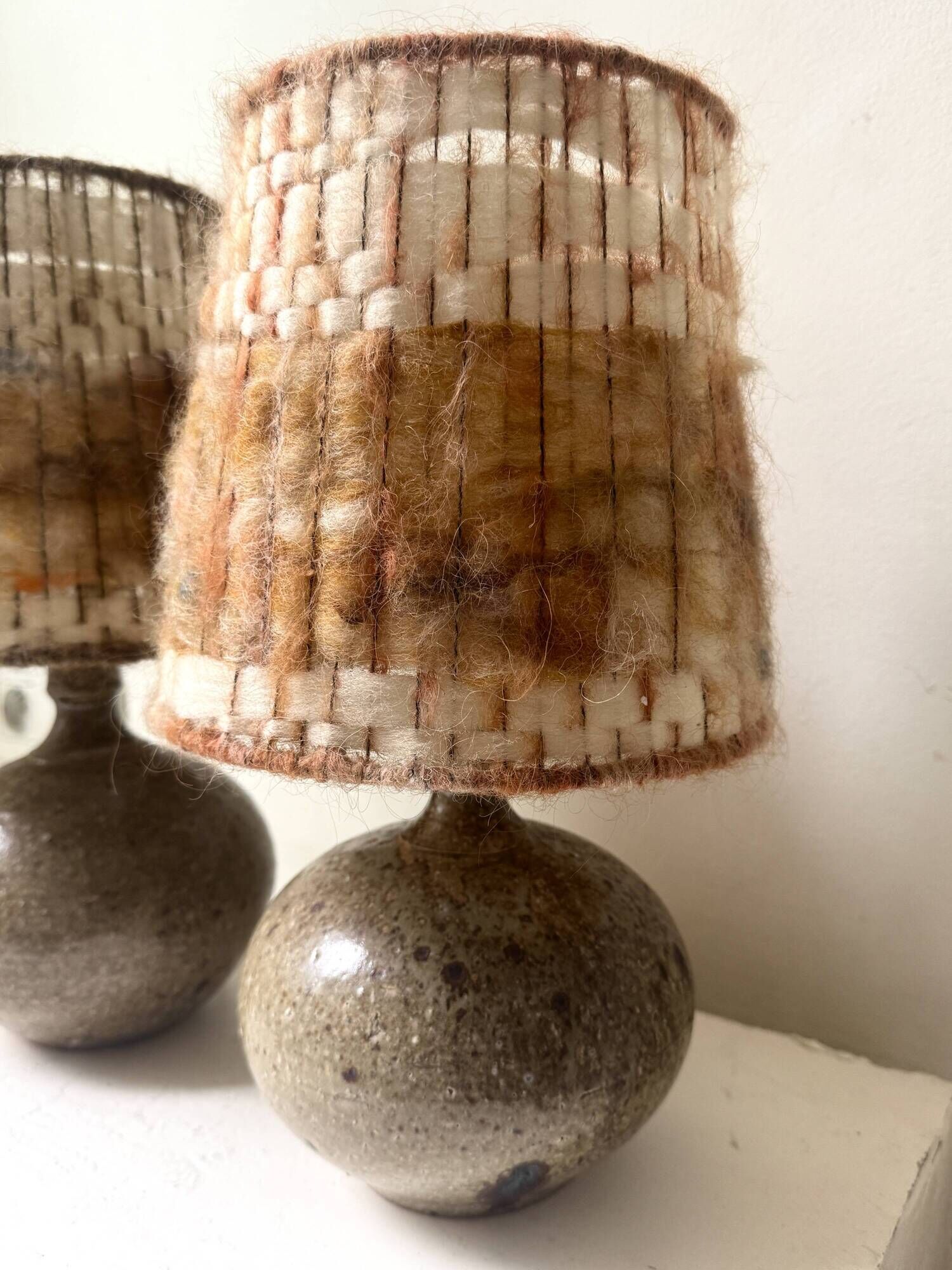 Ceramic table lamp in chamotte stoneware & wool, Alain Blanchard 1970