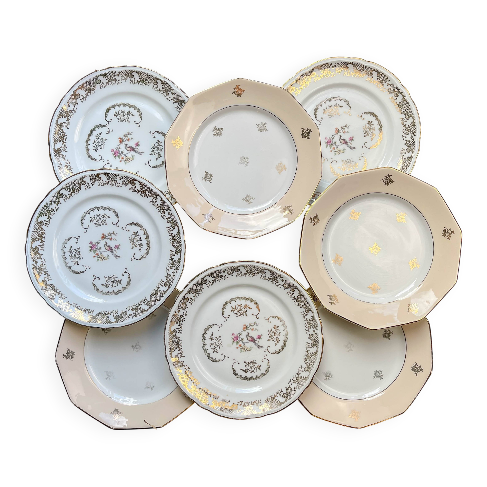 8 small vintage mismatched plates in French Limoges porcelain, Orchies - golden flower and bird motifs