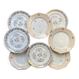 8 petites assiettes vintage dépareillées en porcelaine française Limoges, Orchies - motifs fleurs dorées et oiseau