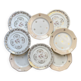 8 petites assiettes vintage dépareillées en porcelaine française Limoges, Orchies - motifs fleurs dorées et oiseau