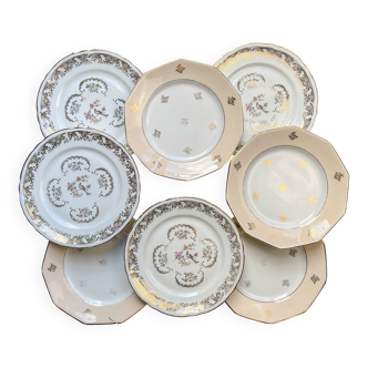 8 petites assiettes vintage dépareillées en porcelaine française Limoges, Orchies - motifs fleurs dorées et oiseau