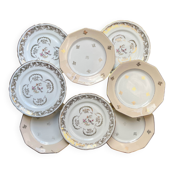 8 petites assiettes vintage dépareillées en porcelaine française Limoges, Orchies - motifs fleurs dorées et oiseau