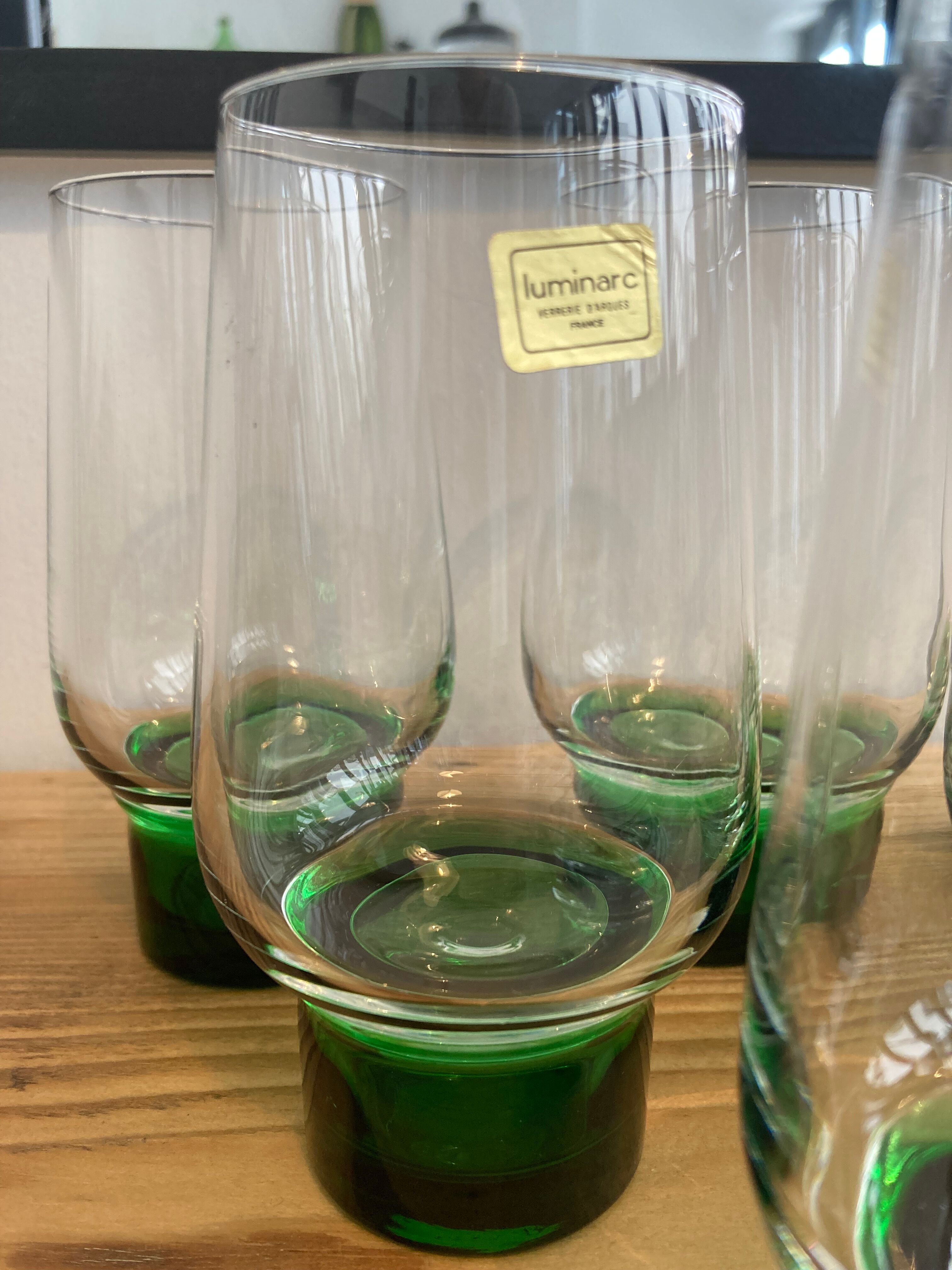 Set of 6 large Luminarc green foot glasses