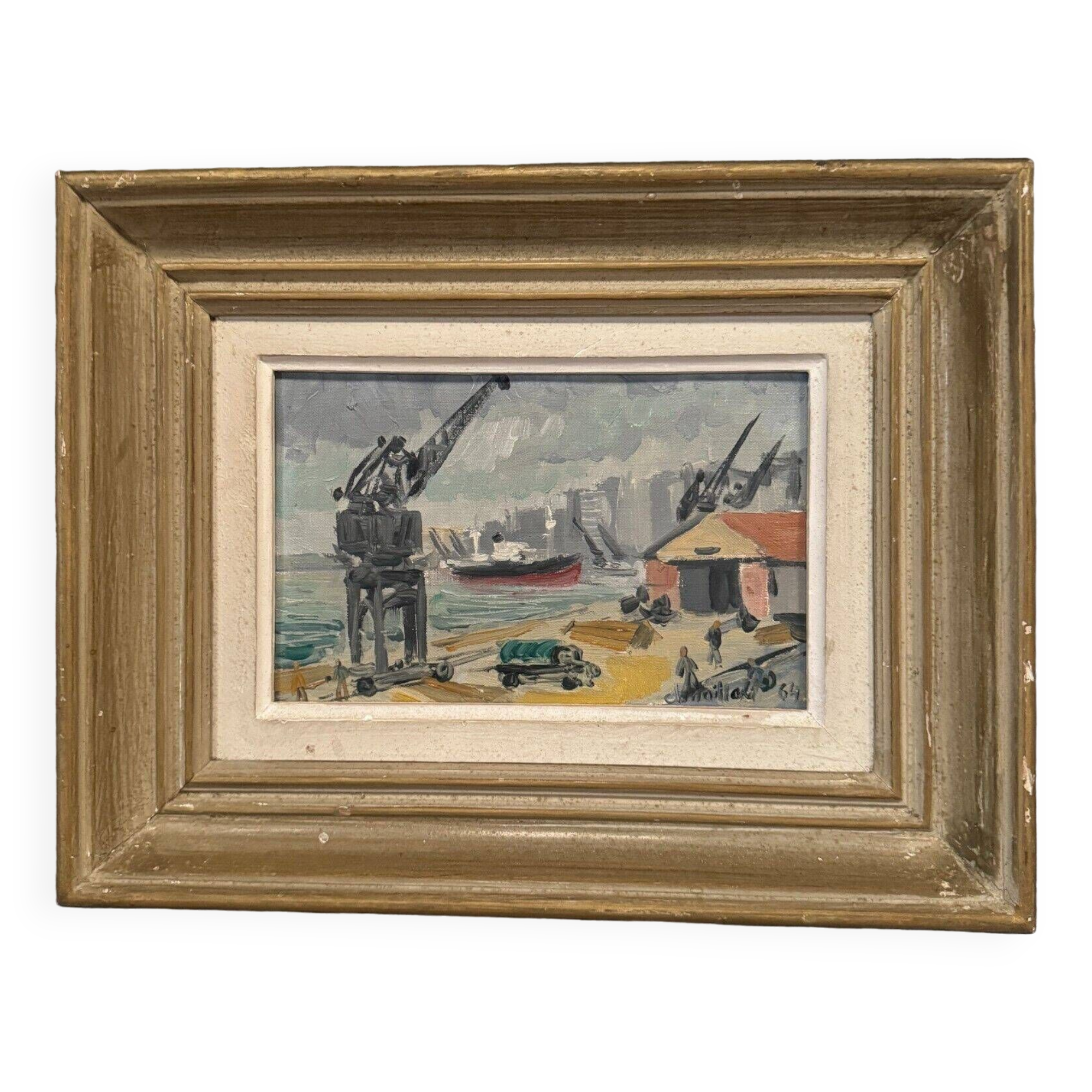 Oil on canvas by Charles Maillard the port of Nantes 20th century