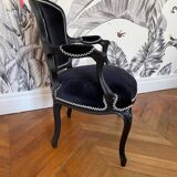 Vintage - Louis XV style armchair - Completely redone - Black velvet 100% cotton - Galon Houlès