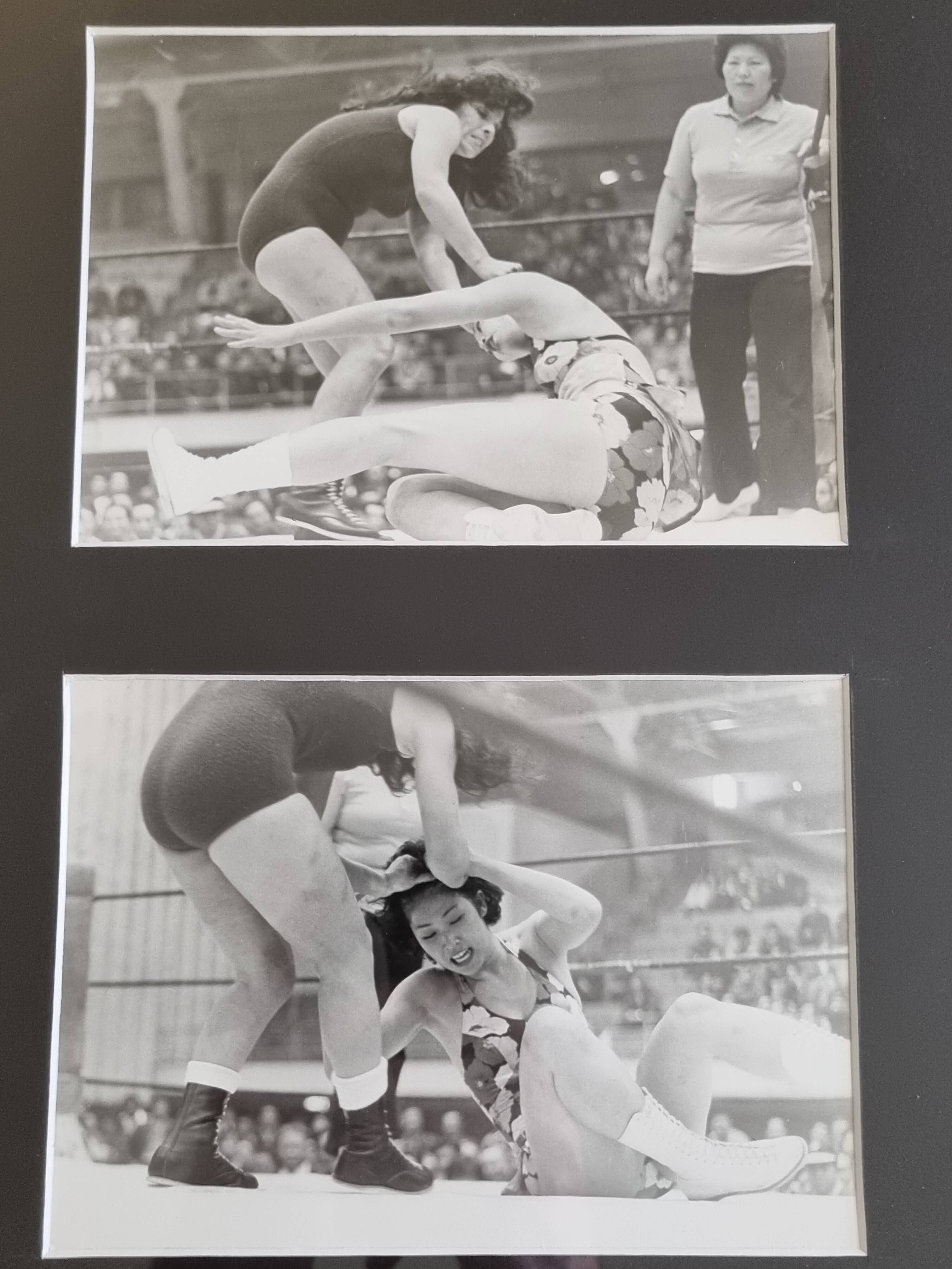 Vintage framed silver prints, women's wrestling, 1960s, 31 x 41 cm