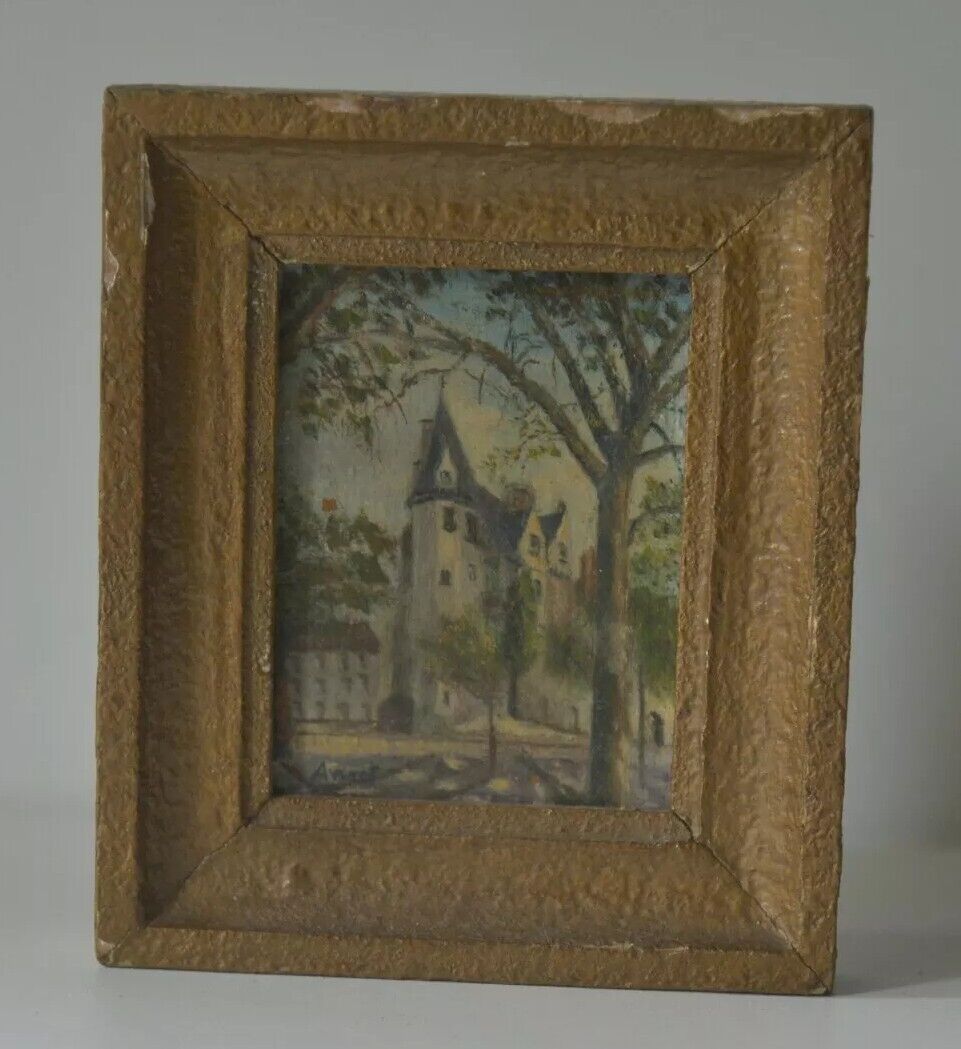 Peinture à l’huile sur panneau Château signée